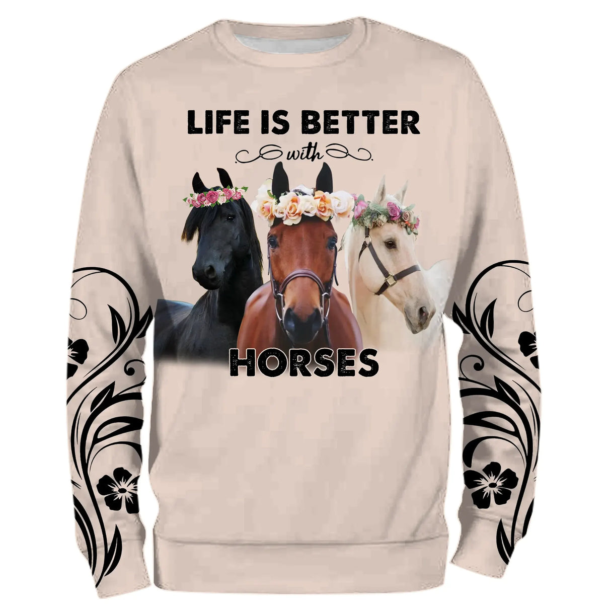 Sweat zippé all-over cheval beige trois chevaux Life Is Better With Horses fleurs roses