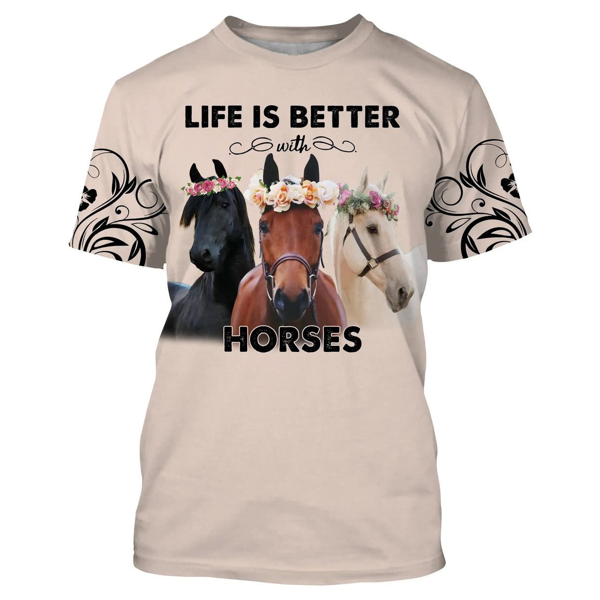 T-shirt cheval beige sable all-over avec trois têtes de chevaux et couronnes fleuries Life Is Better With Horses