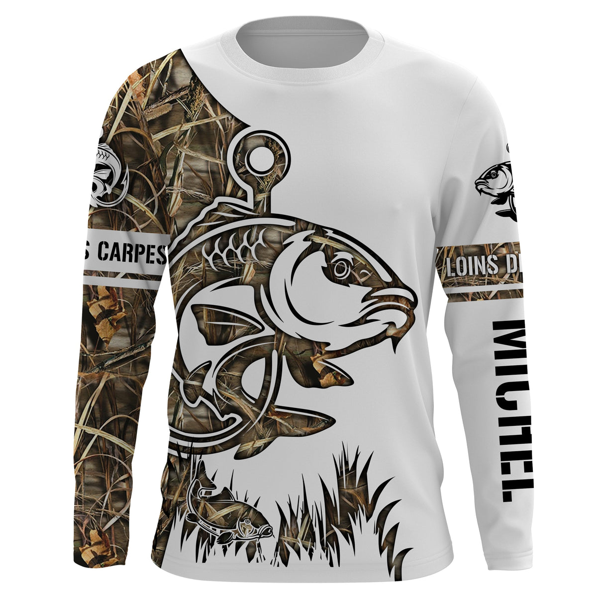 Maillot UV manches longues pêche carpe humour Près des carpes bicolore blanc camouflage prénom personnalisé