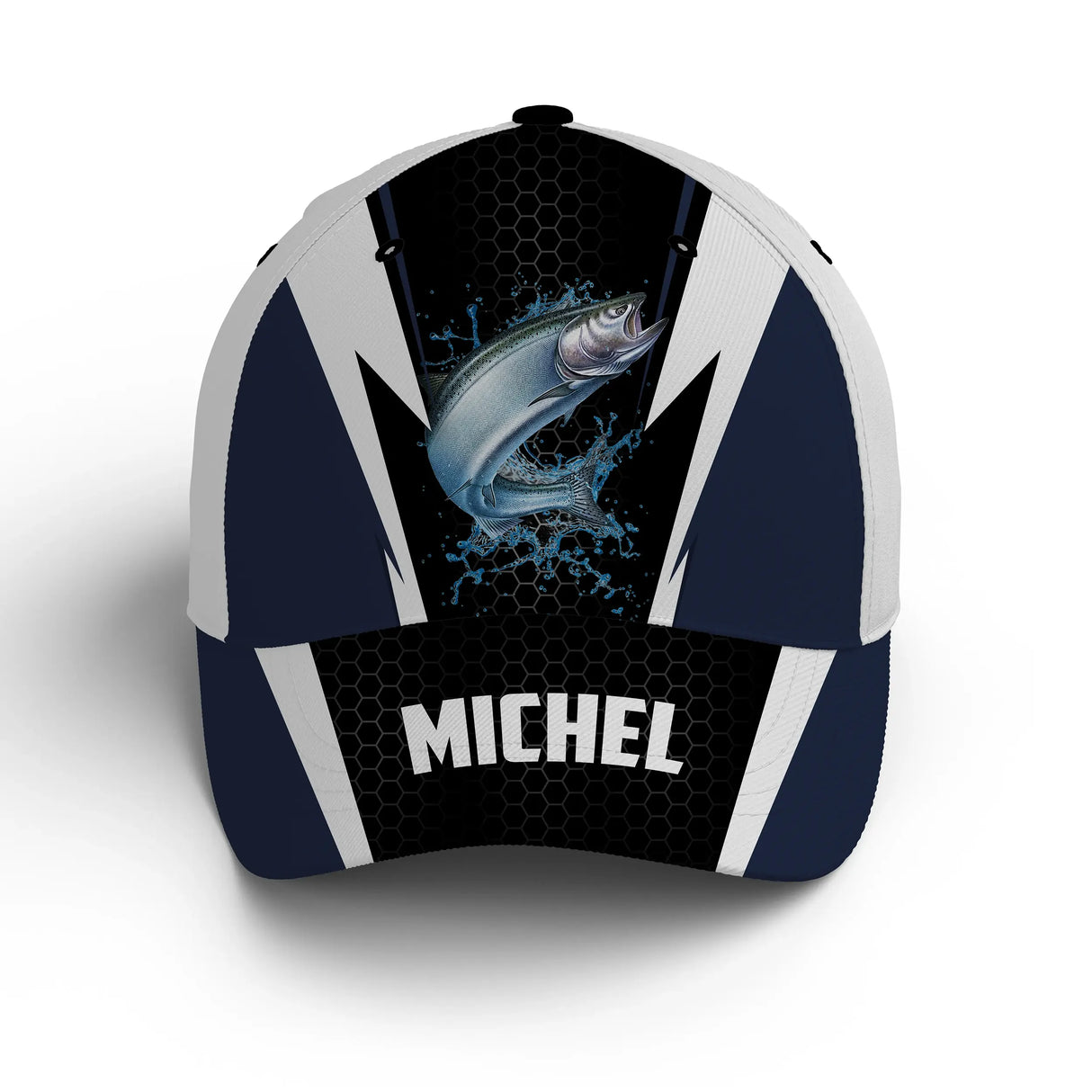 Casquette saumon blanc bleu marine moderne saumon prénom broderie côté pêcheur unisexe personnalisée