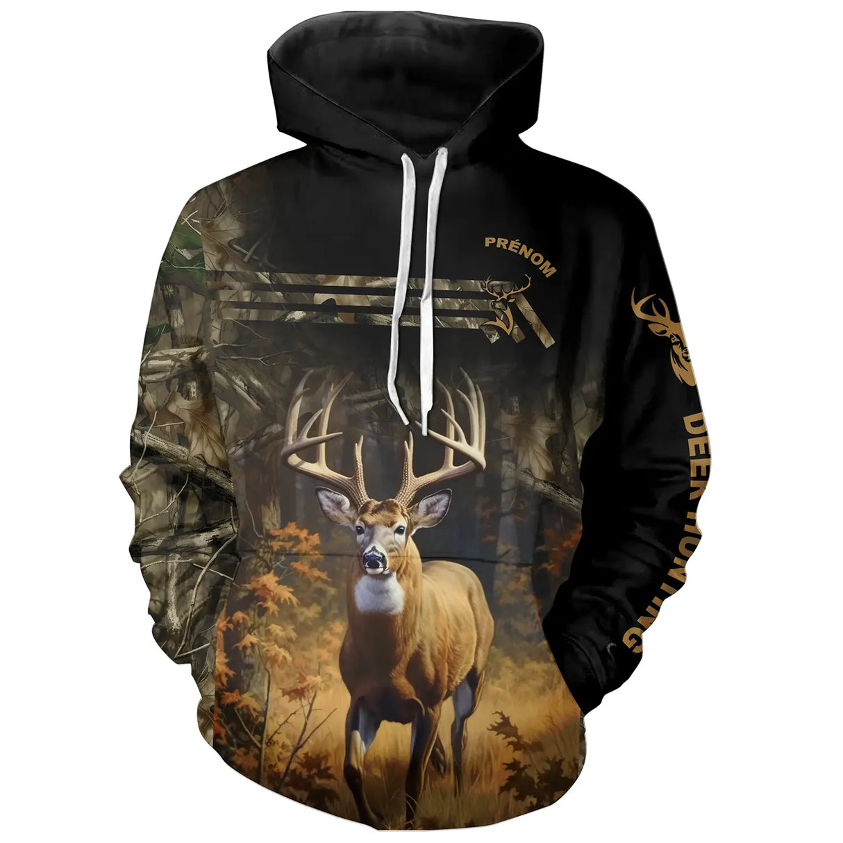 T-shirt chasse variante camouflage forêt cerf, prénom personnalisé