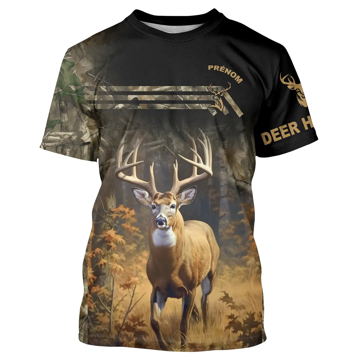 T-shirt chasse noir et camouflage forêt unisexe avec cerf majestueux et inscription Deer Hunting, prénom personnalisé