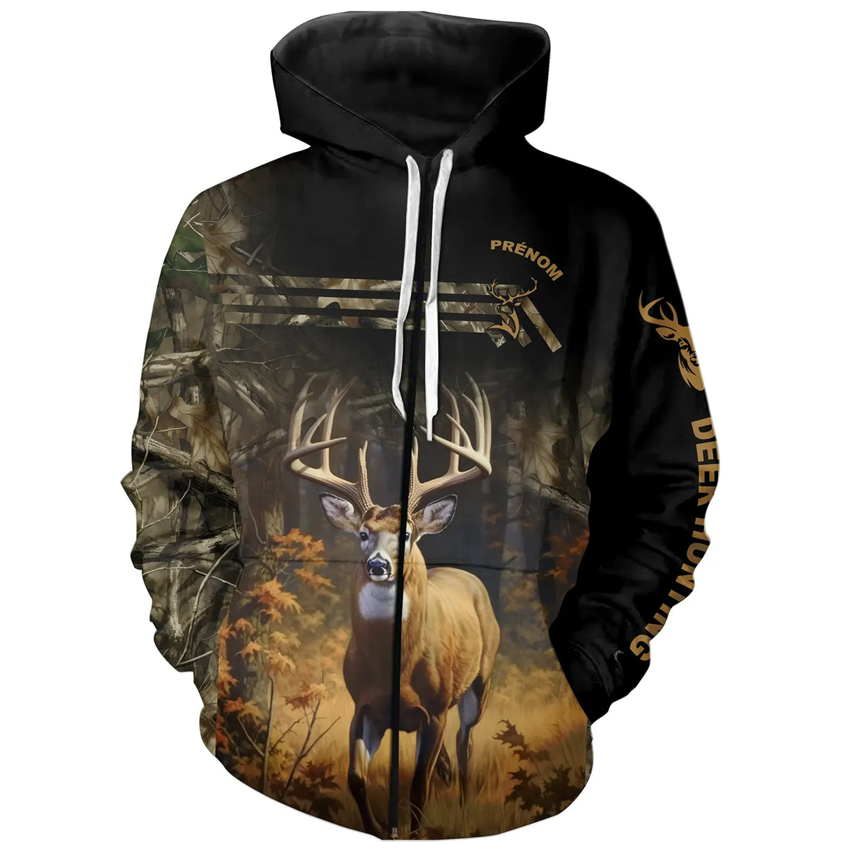 T-shirt chasse variante avec cerf et écusson, prénom personnalisé