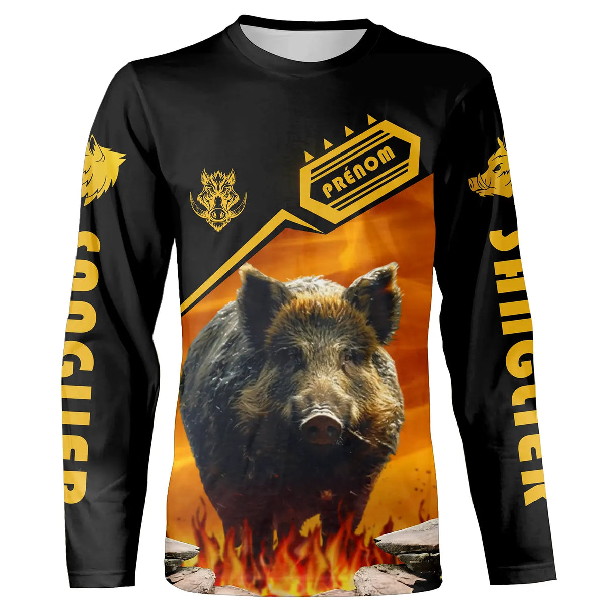 T-shirt chasse variante avec sanglier et flammes orange, prénom personnalisé