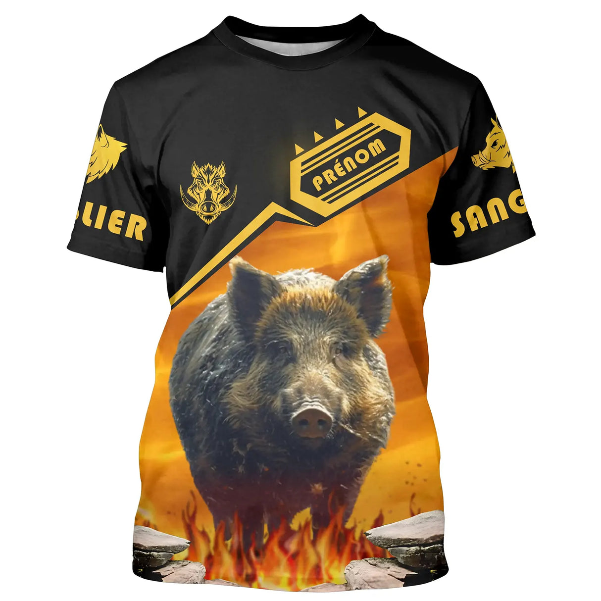 T-shirt chasse noir et orange feu unisexe avec sanglier sauvage et inscription Sanglier, prénom personnalisé
