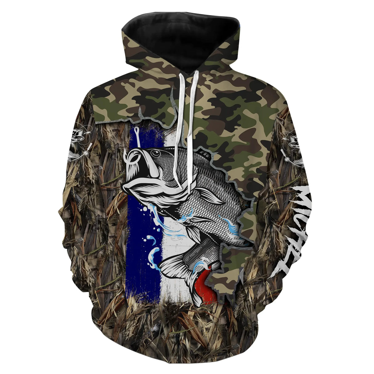 Hoodie pêche bar camouflage roseaux orange avec impression bar attaque drapeau France