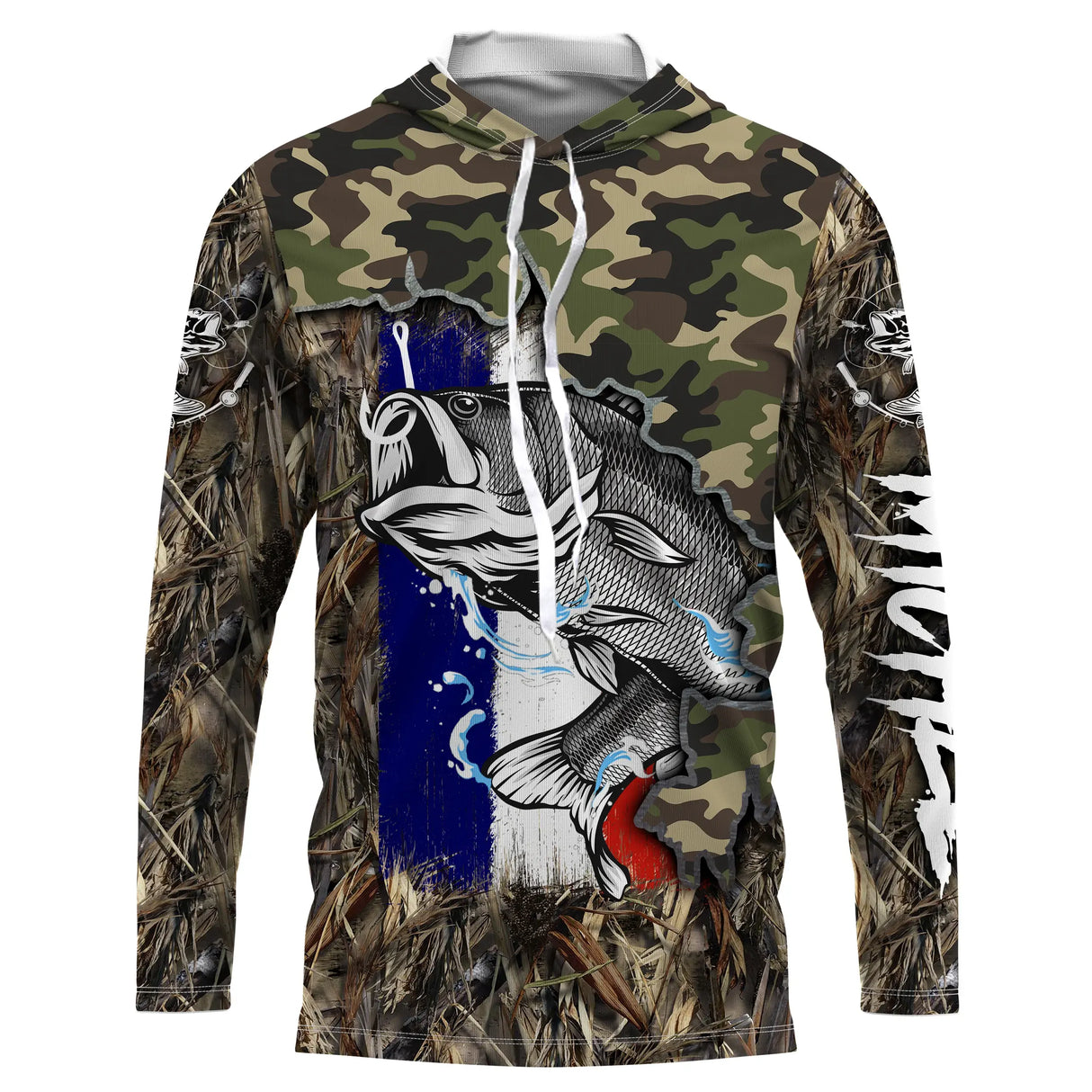 Hoodie capuche anti-UV pêche bar camouflage roseaux orange avec bar en attaque et drapeau France