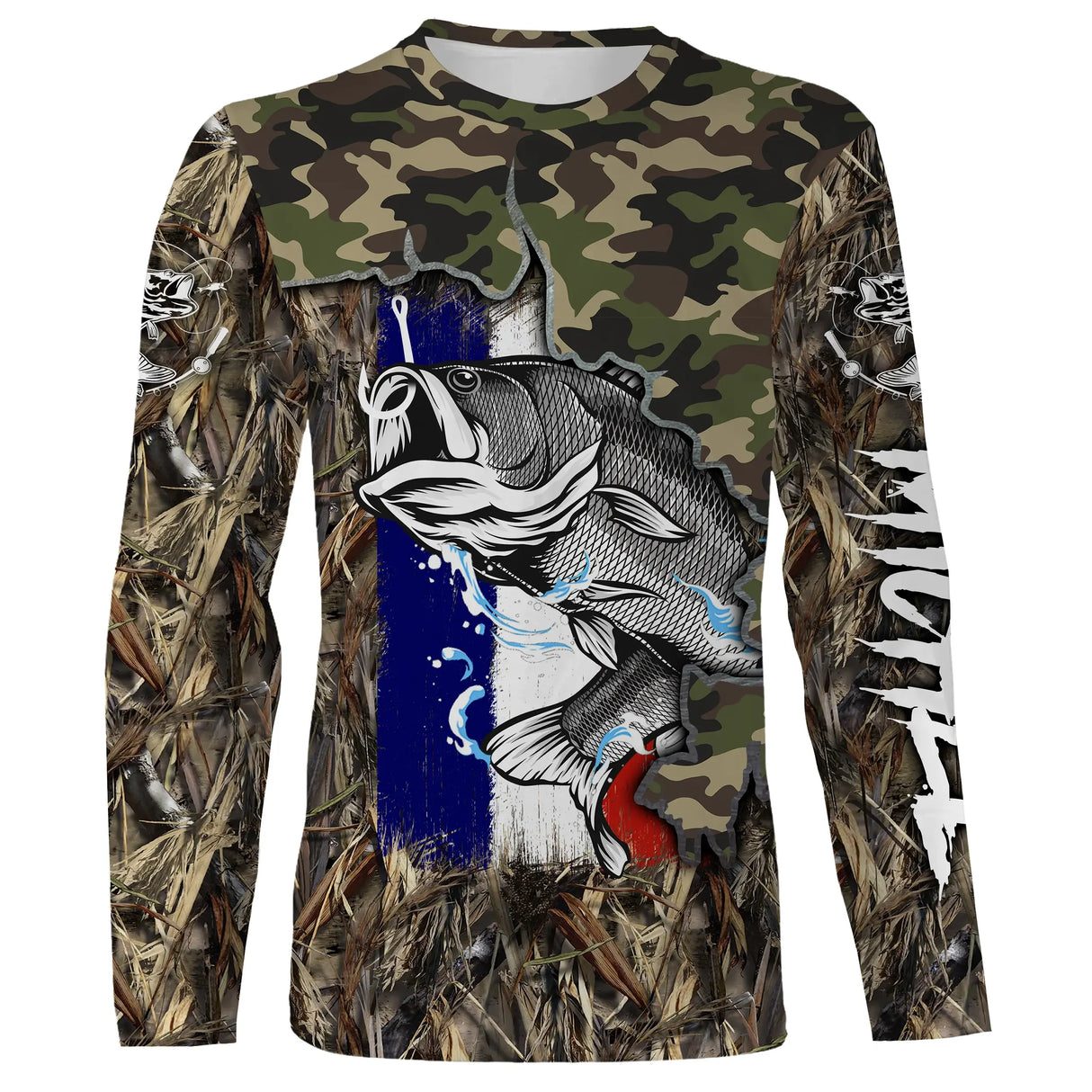 Manches longues pêche bar camouflage roseaux drapeau France unisexe motif bar surfcasting