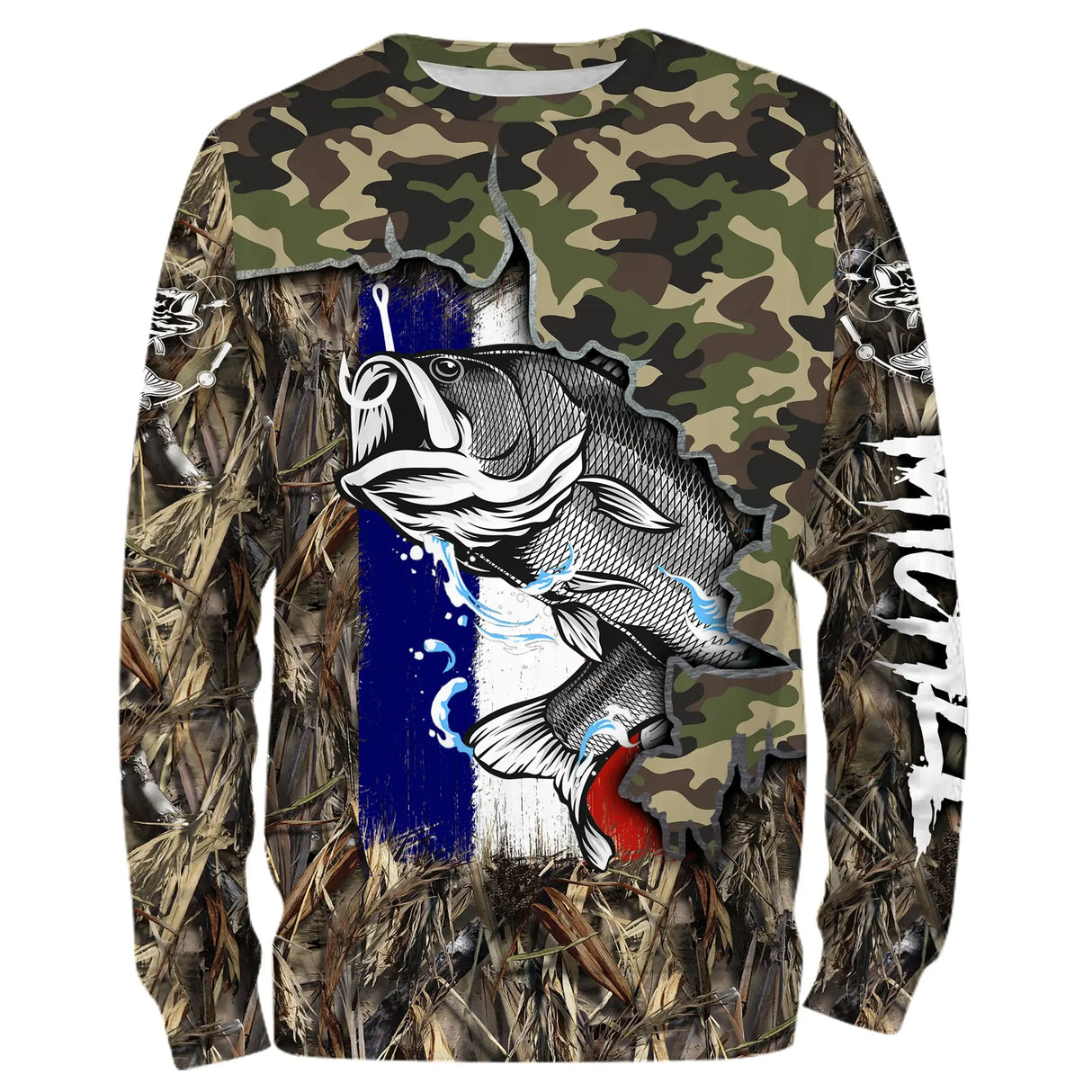 Sweater all-over pêche bar camouflage roseaux drapeau France manches longues unisexe carnassier