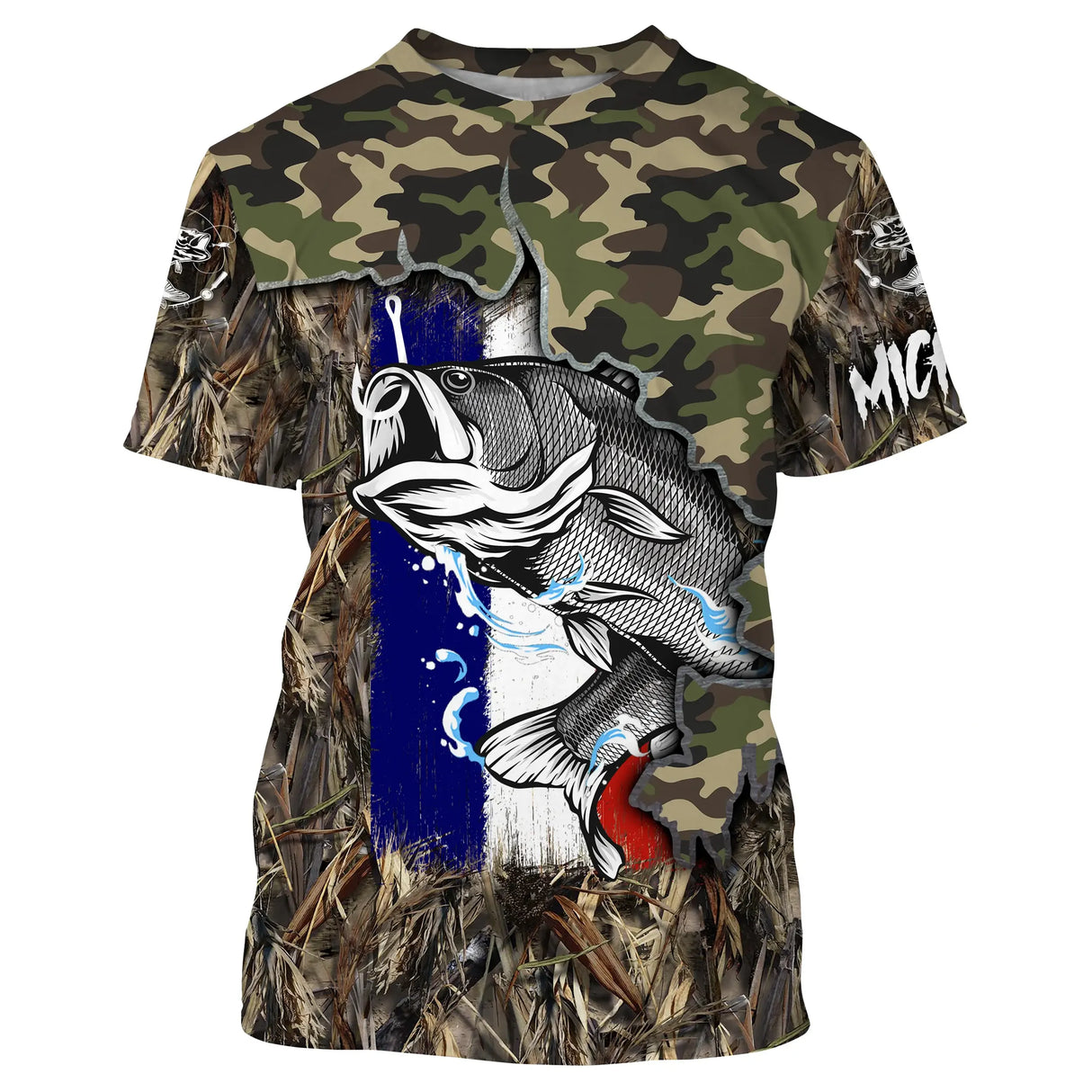 T-shirt all-over pêche bar camouflage roseaux orange bar attaque drapeau France coupe unisexe