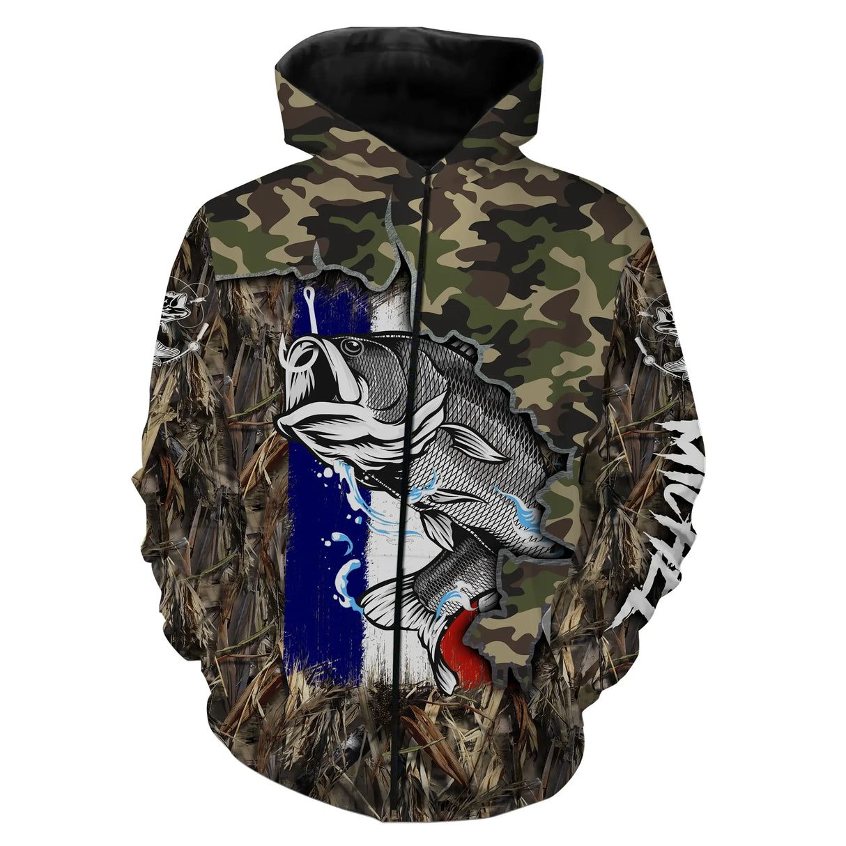 Sweat zippé all-over pêche bar camouflage roseaux drapeau France coupe unisexe surfcasting