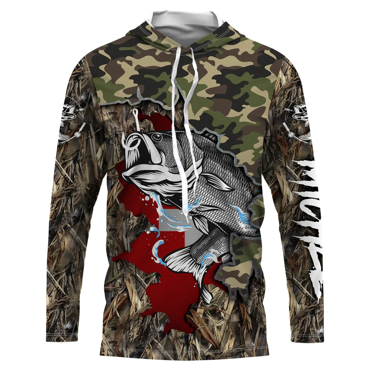 Hoodie capuche anti-UV pêche bar camouflage roseaux orange avec bar en attaque et drapeau suisse rouge