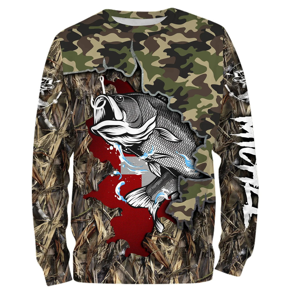 Sweater all-over pêche bar camouflage roseaux drapeau suisse manches longues unisexe carnassier