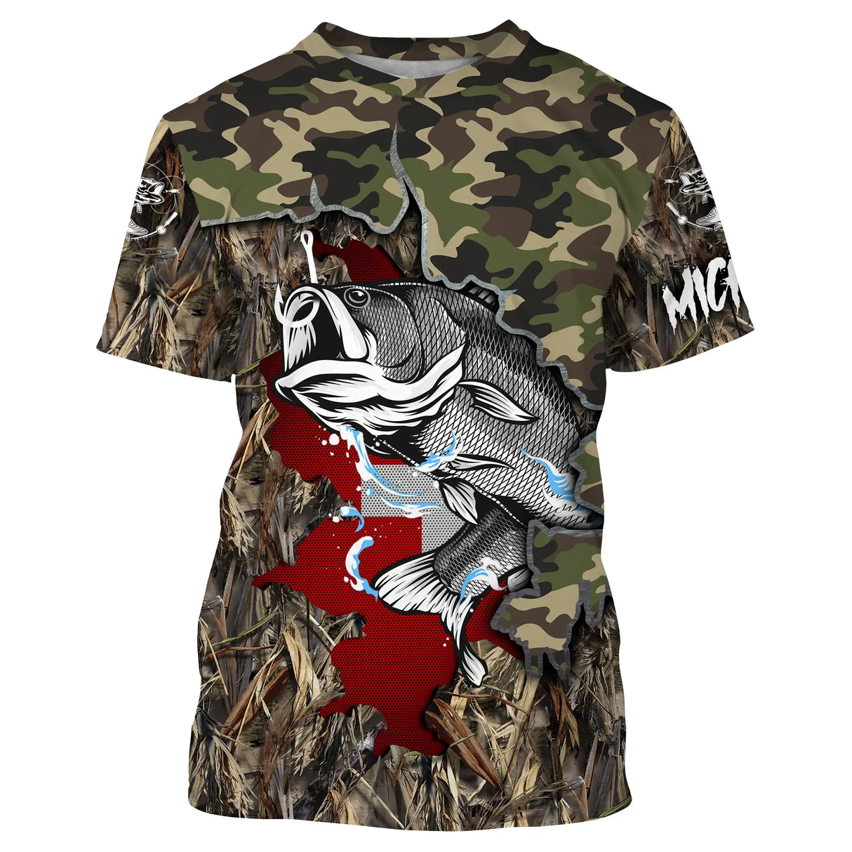 T-shirt all-over pêche bar camouflage roseaux orange bar attaque drapeau suisse coupe unisexe
