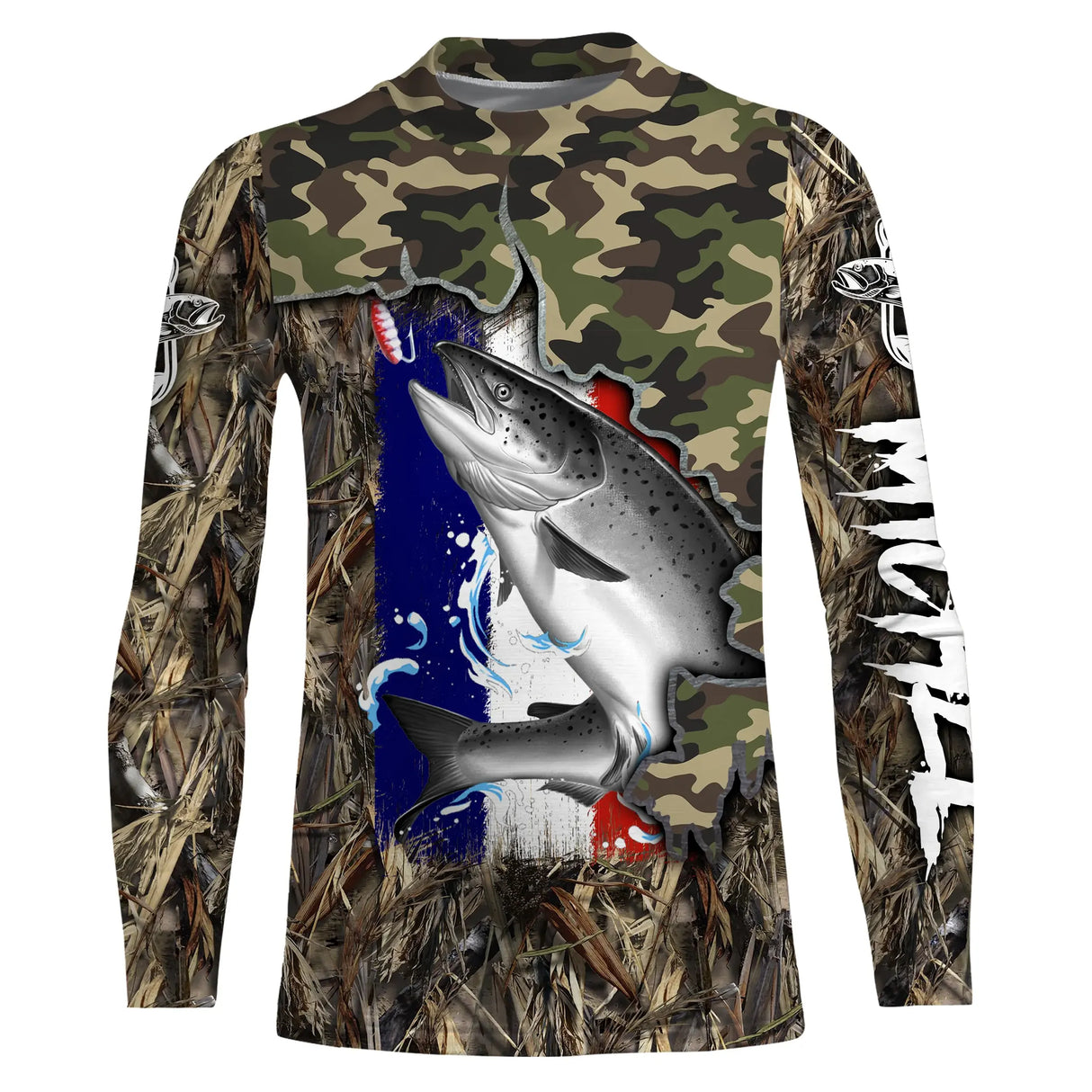 Sweat capuche all-over pêche saumon camouflage forêt et drapeau France lettrage manches