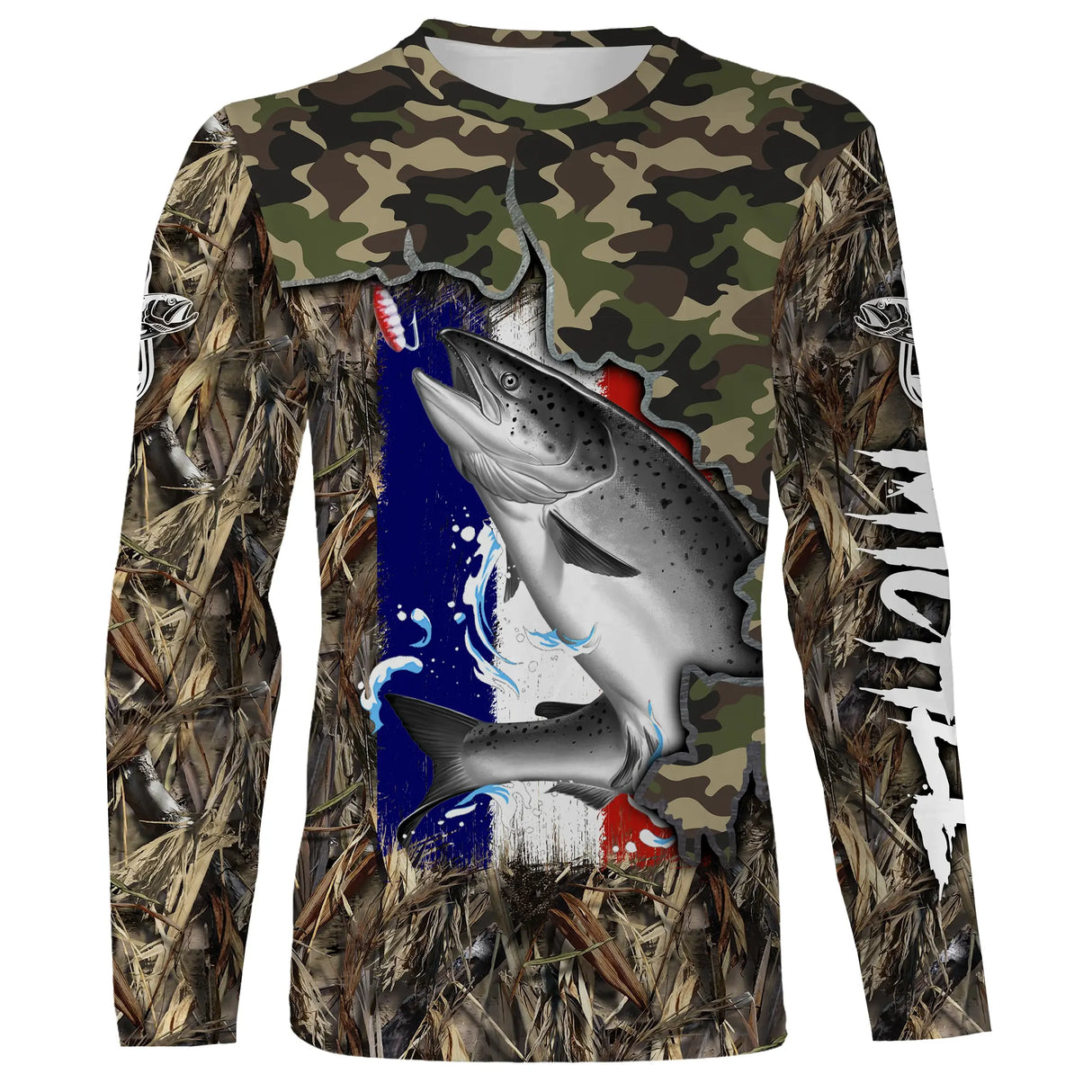 T-shirt manches longues pêche saumon camouflage France motif salmonidés en gros plan