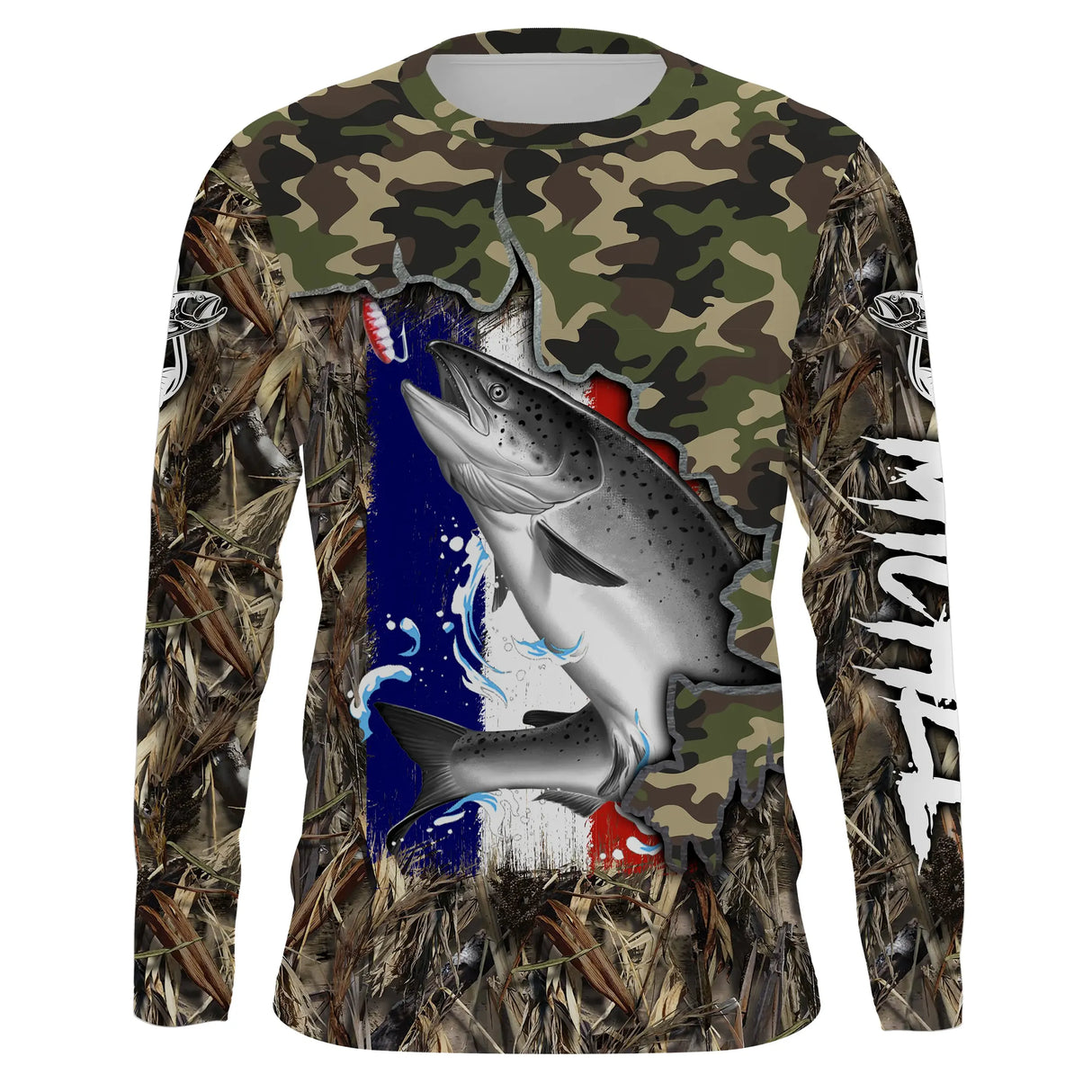 Manches longues anti-UV pêche salmonidés camouflage drapeau France saumon stylisé