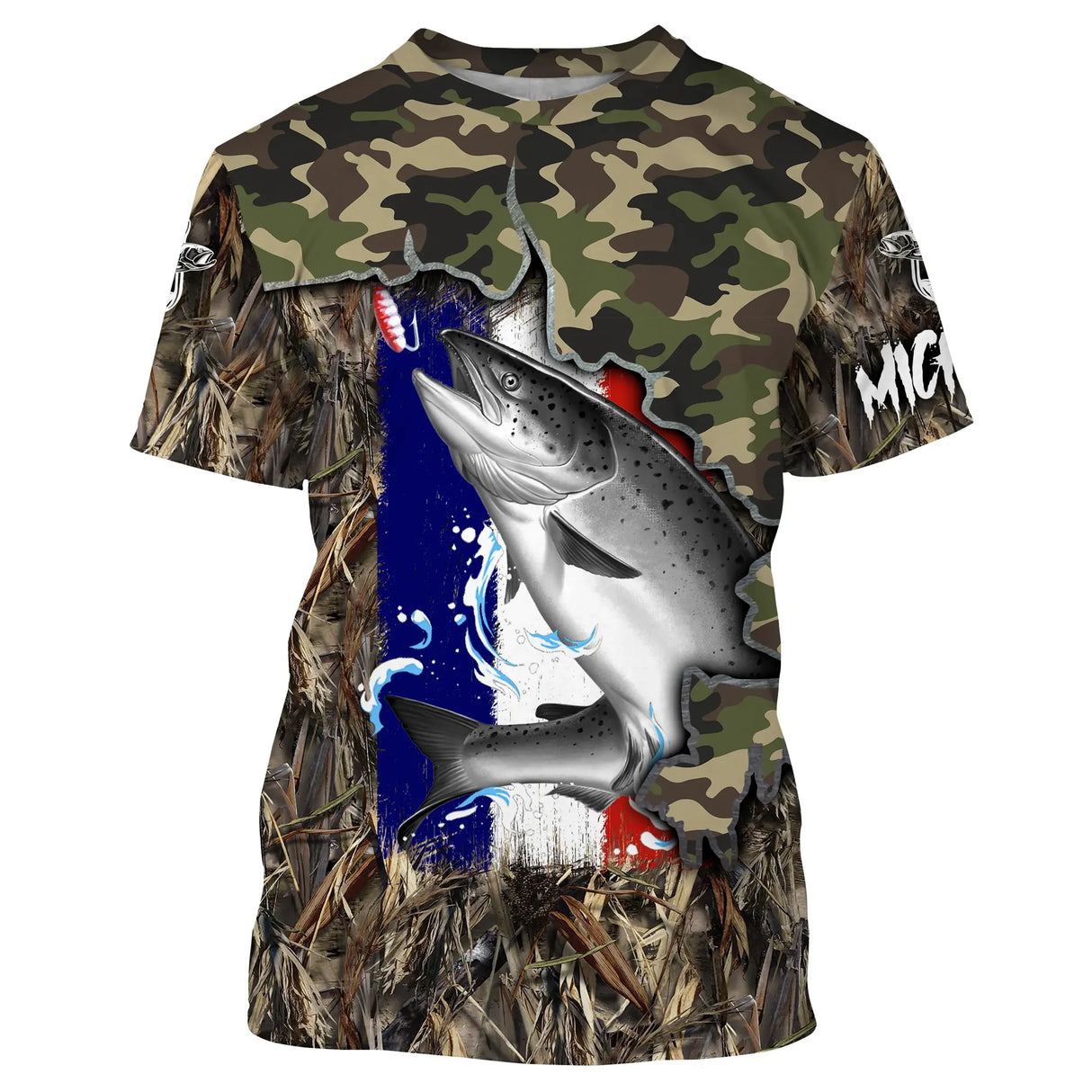 T-shirt all-over col rond pêche saumon camouflage forêt et bandes bleu blanc rouge