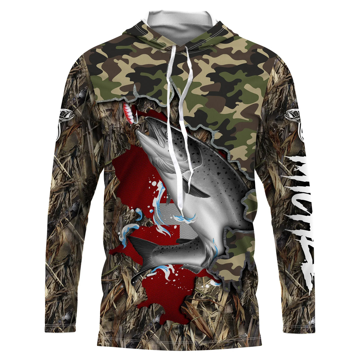 T-shirt anti-UV capuche pêche saumon camouflage forêt drapeau suisse saumon argenté en gros plan