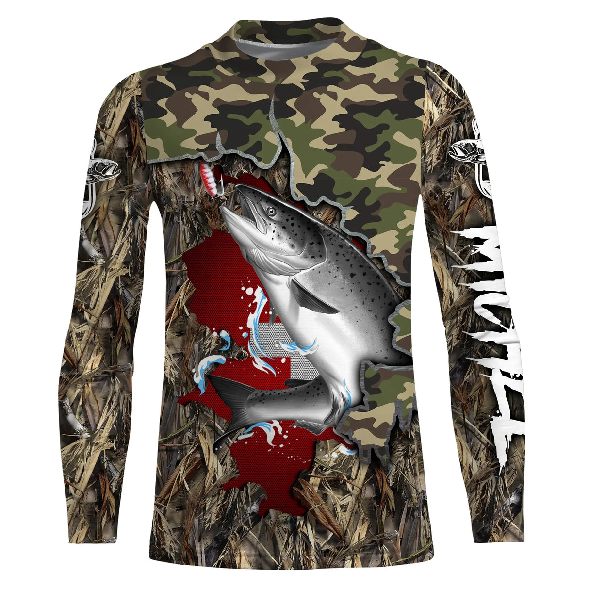 Sweat capuche all-over pêche saumon camouflage et drapeau suisse lettrage manches