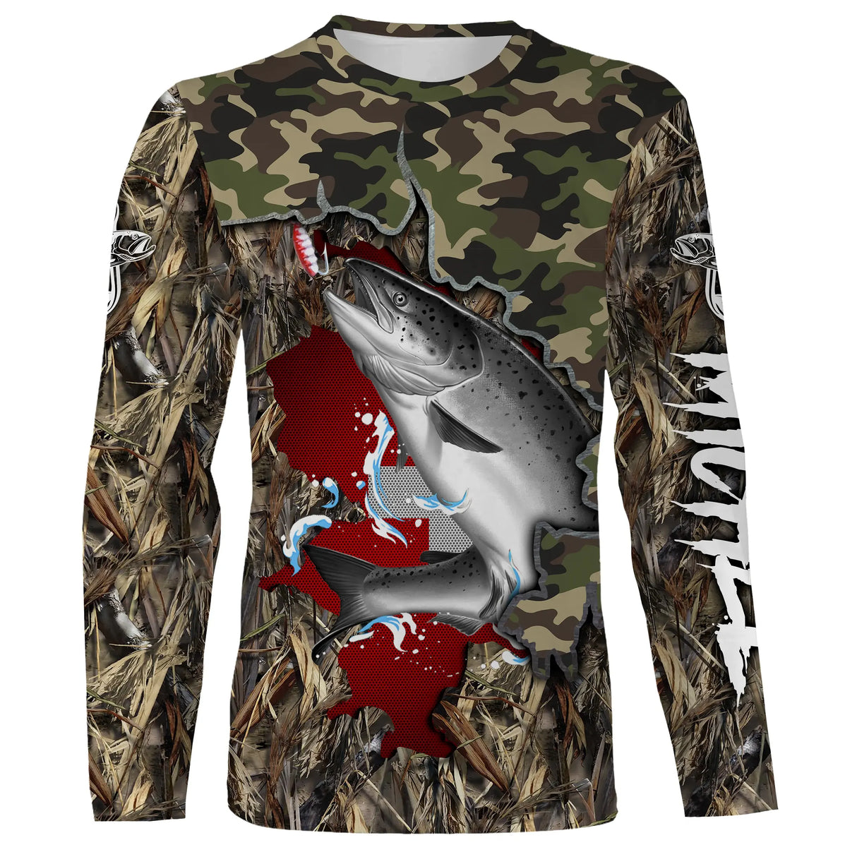 T-shirt manches longues pêche saumon camouflage Suisse motif salmonidés en gros plan