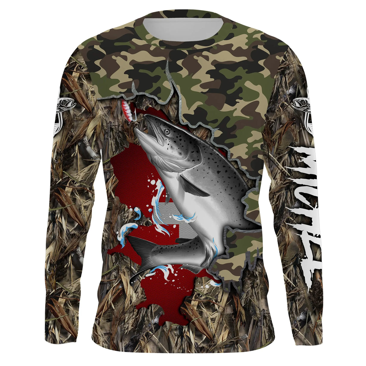 Manches longues anti-UV pêche salmonidés camouflage drapeau suisse croix blanche saumon stylisé