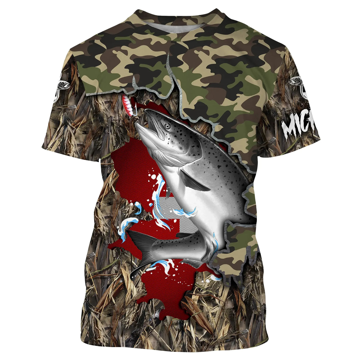 T-shirt all-over col rond pêche saumon camouflage forêt et drapeau suisse rouge