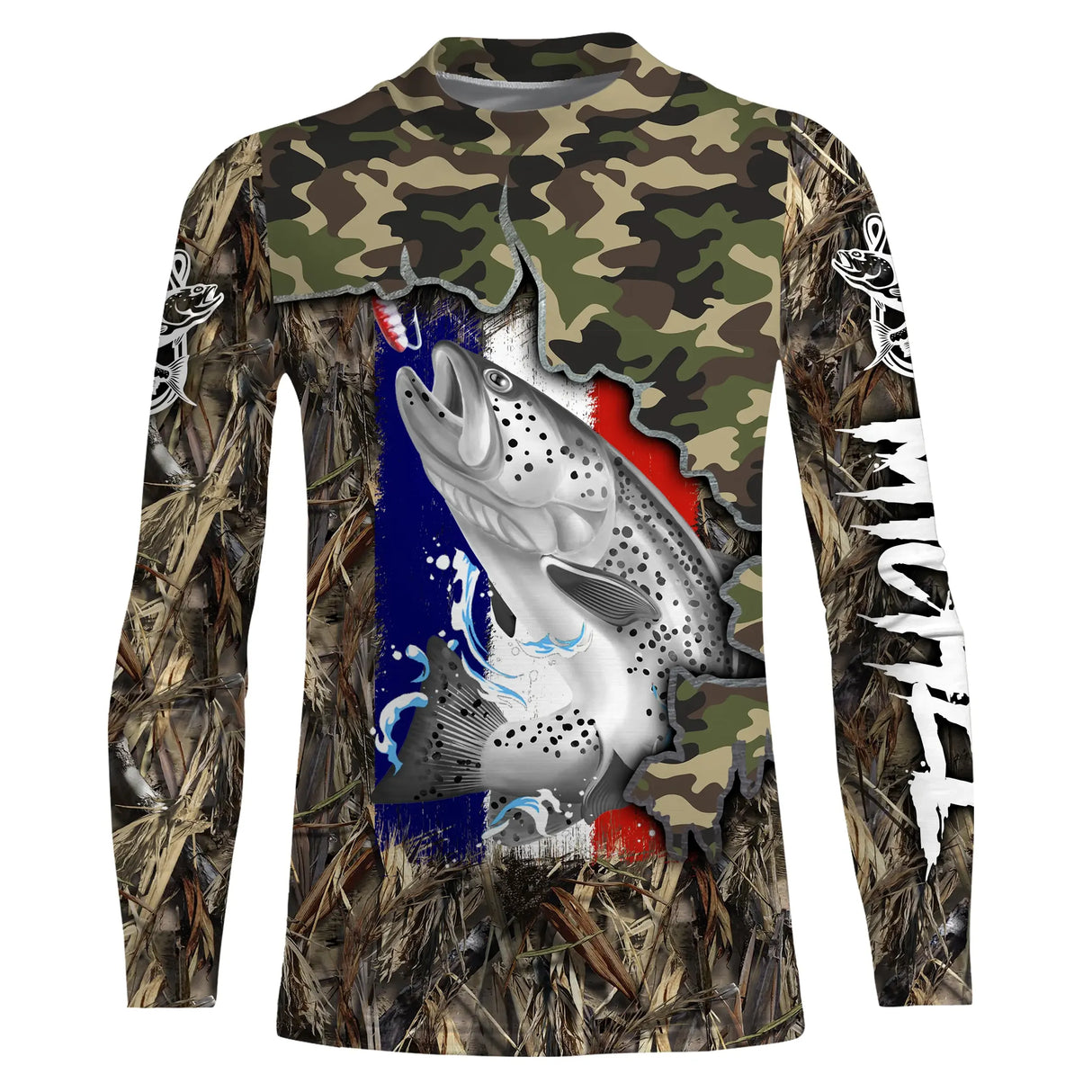 Sweat capuche all-over pêche truite camouflage forêt et drapeau France lettrage manches