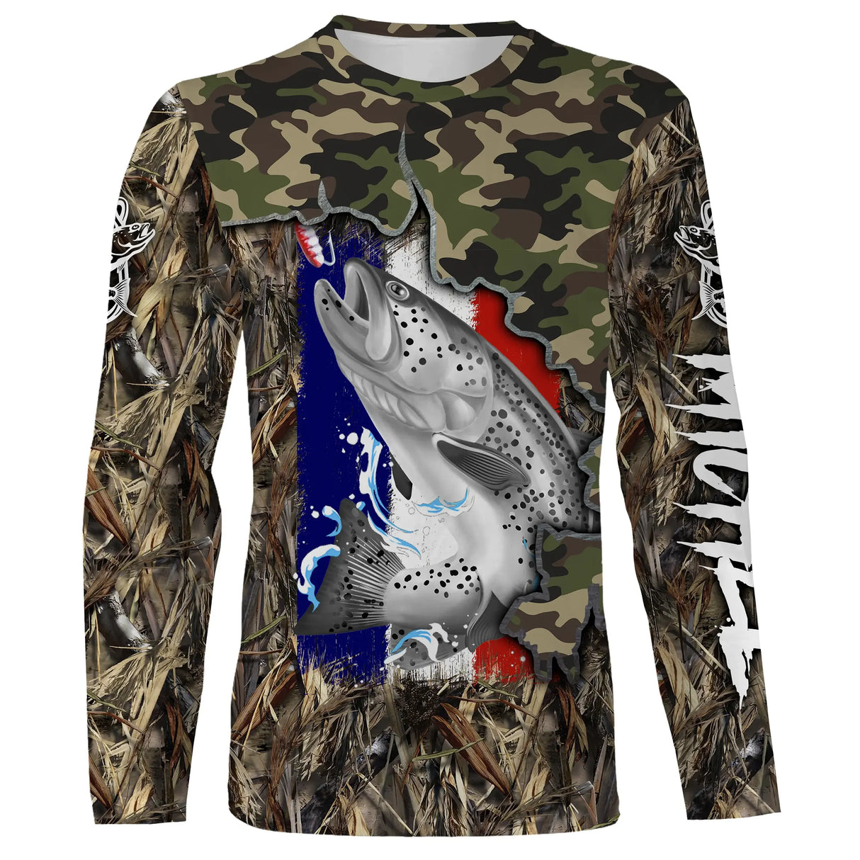 T-shirt manches longues pêche truite camouflage France motif salmonidés en gros plan