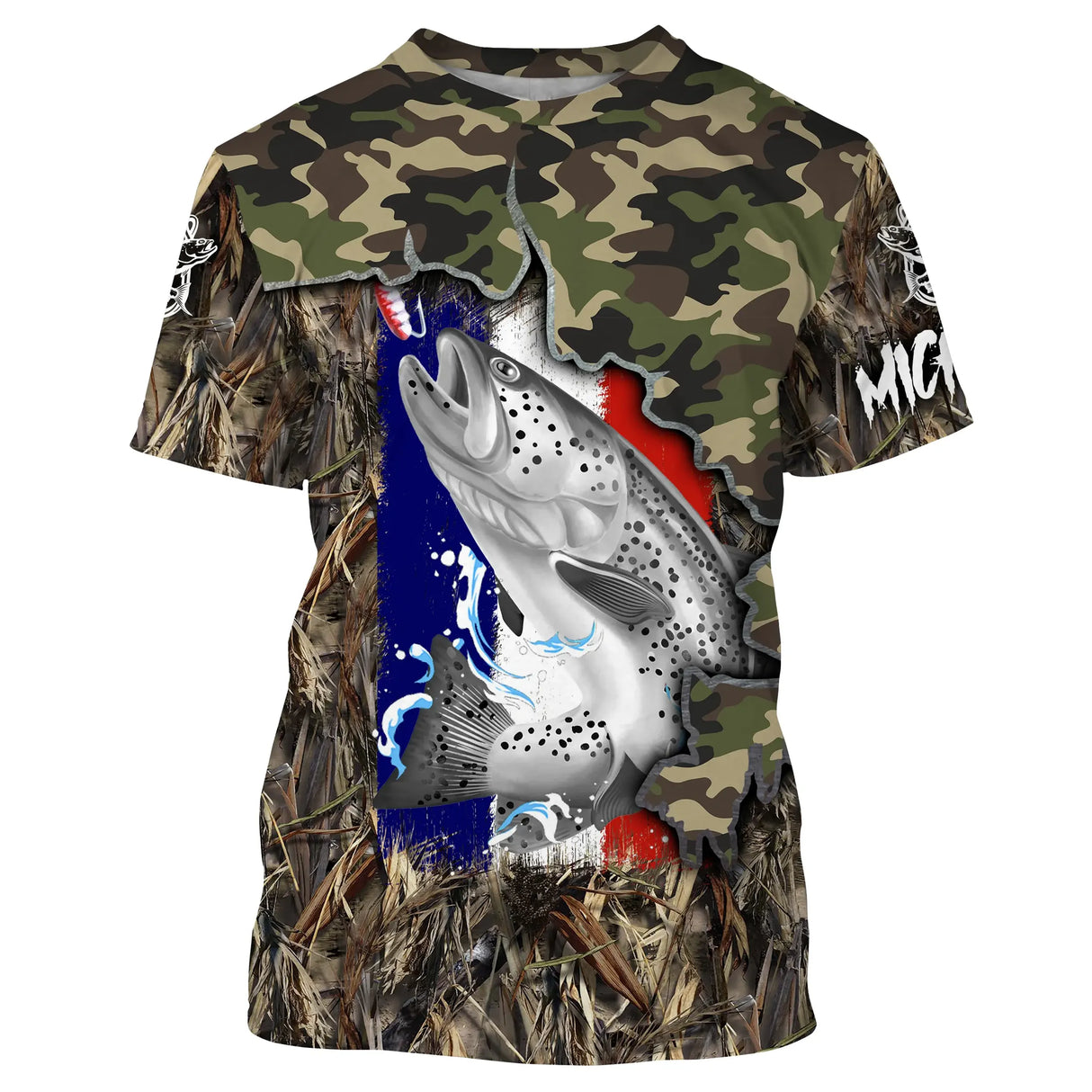 T-shirt all-over col rond pêche truite camouflage forêt et bandes bleu blanc rouge