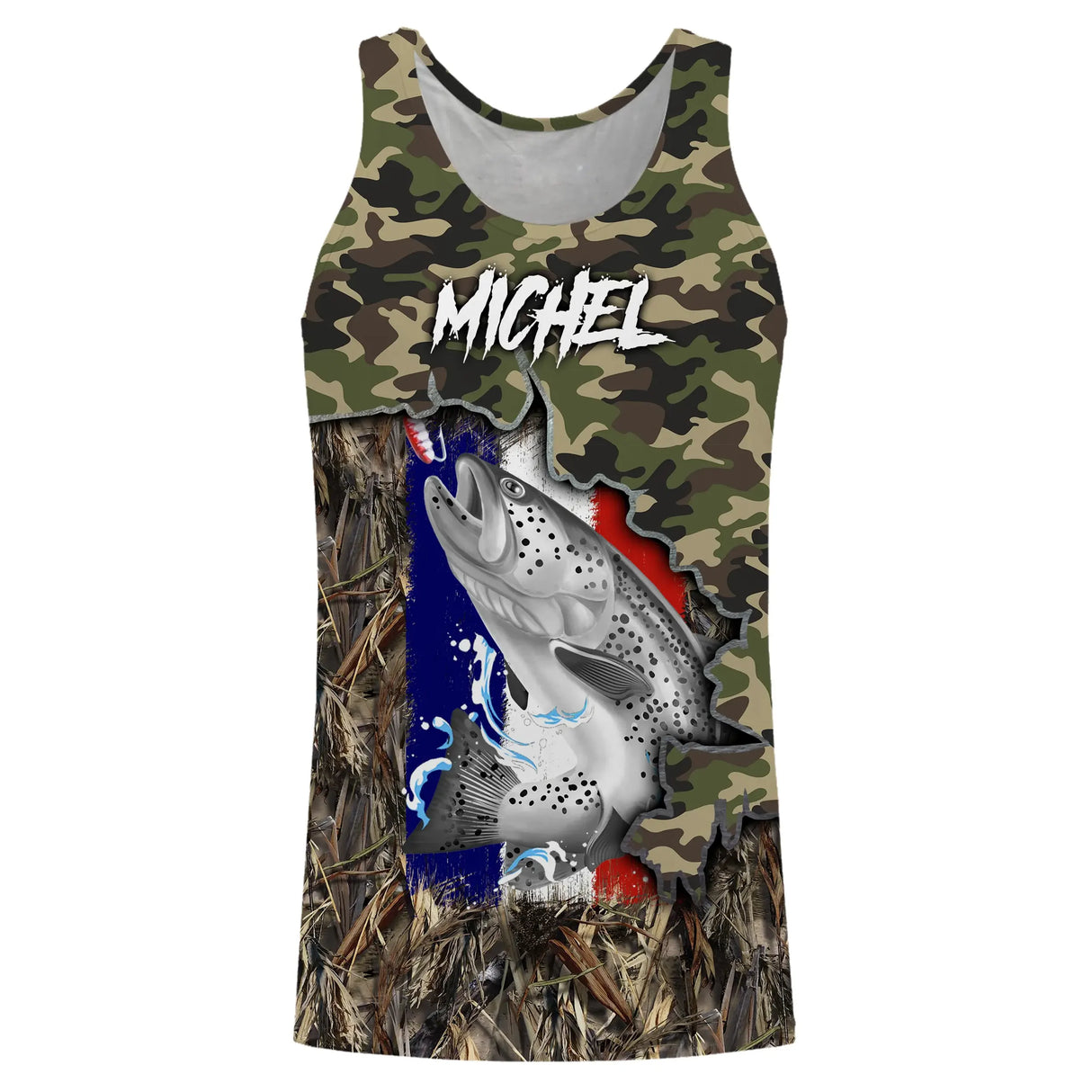 Sweat zippé all-over pêche truite camouflage drapeau France pour pêcheurs salmonidés
