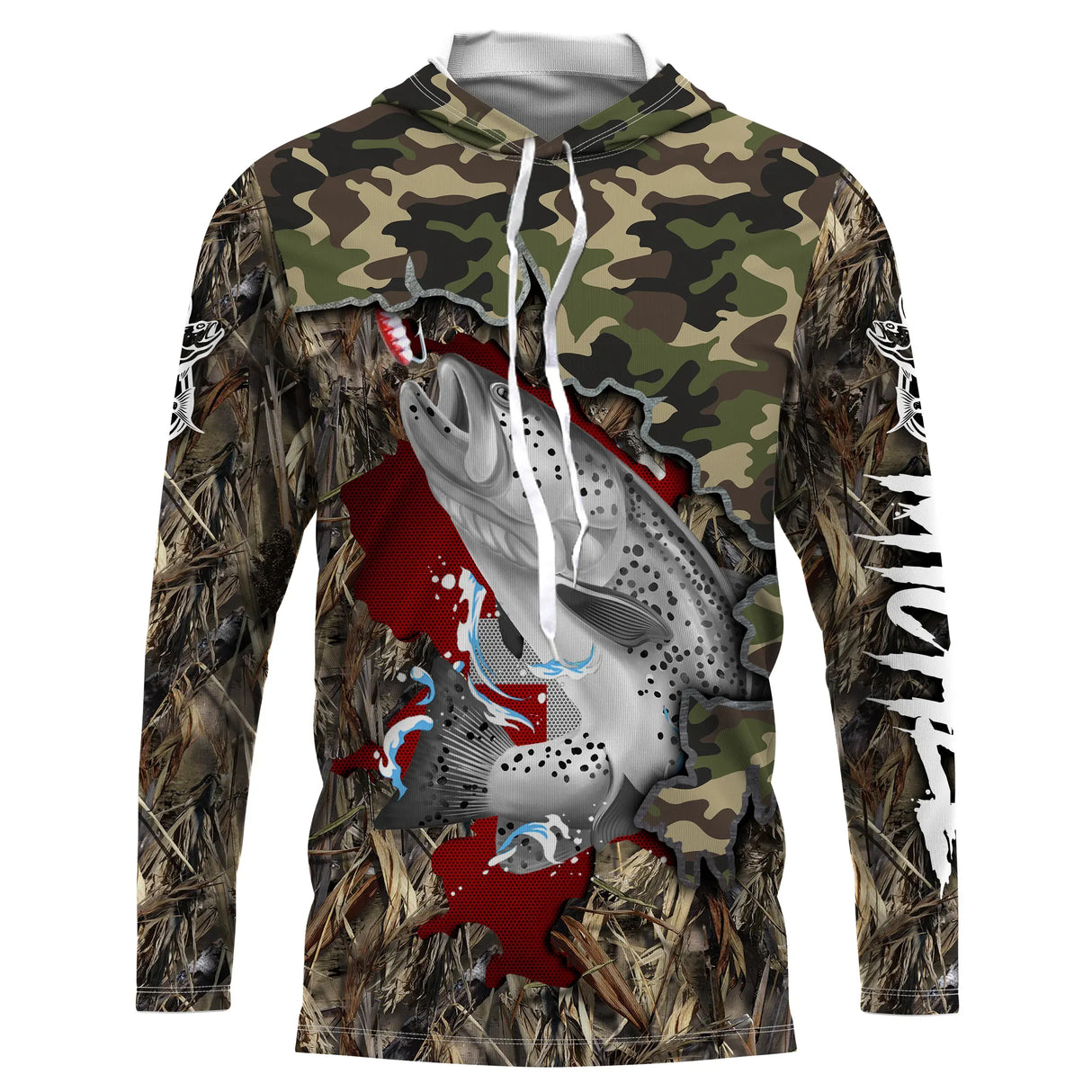 T-shirt anti-UV capuche pêche truite camouflage forêt drapeau suisse rouge truite fario en gros plan