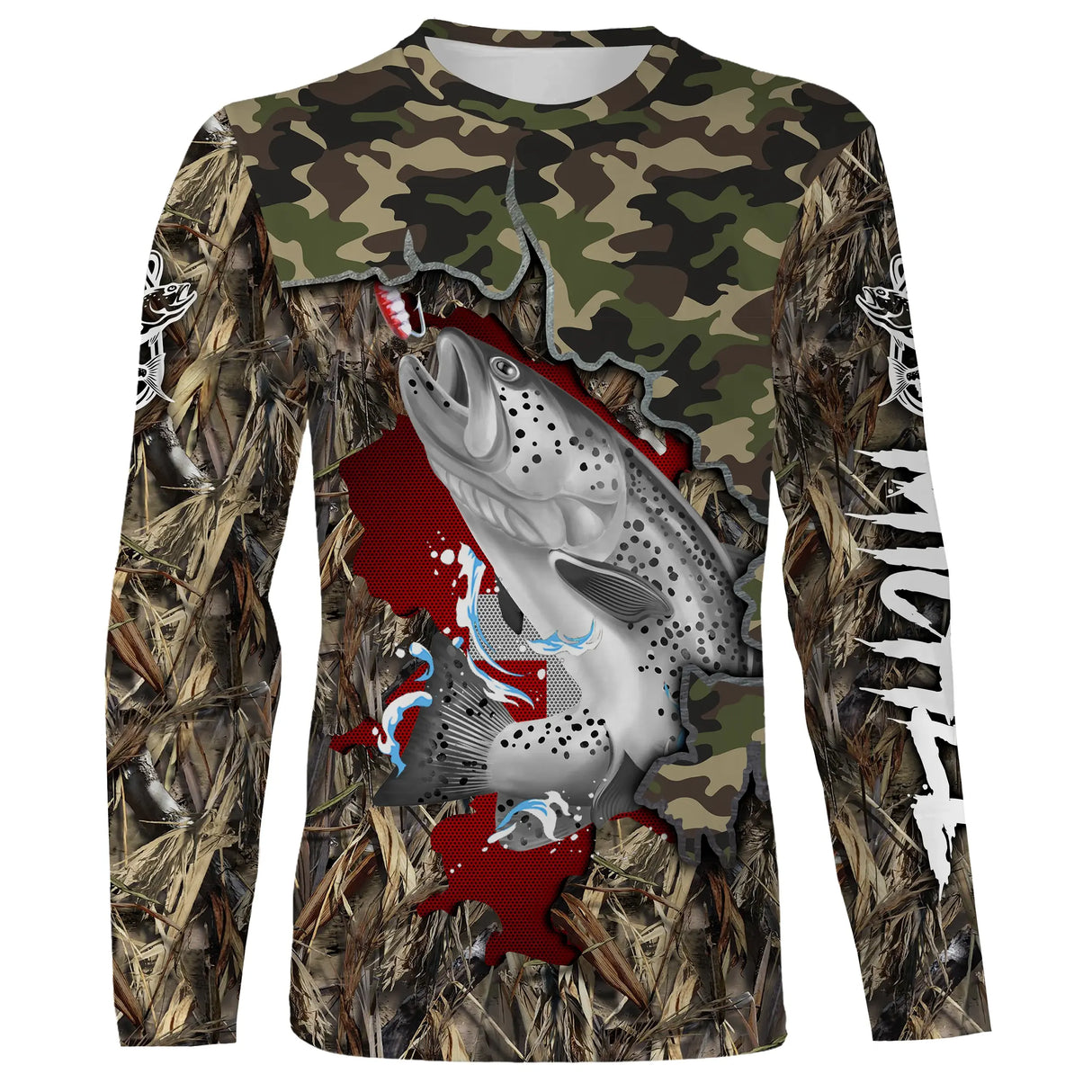 T-shirt manches longues pêche truite camouflage Suisse motif salmonidés en gros plan