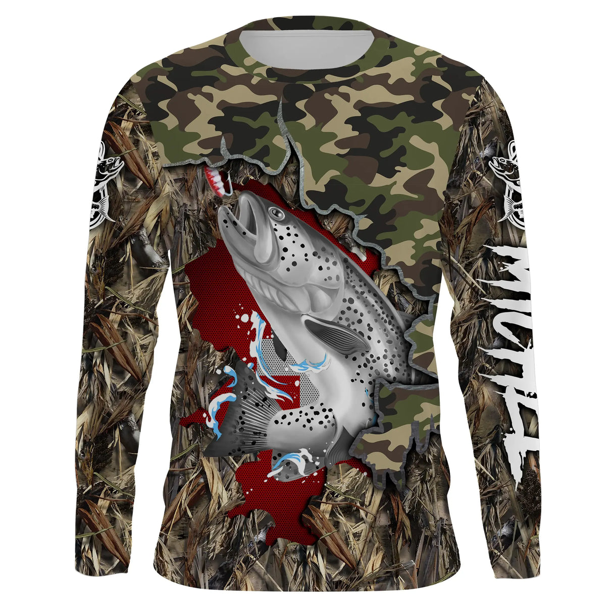 Manches longues anti-UV pêche salmonidés camouflage drapeau suisse croix blanche truite stylisée