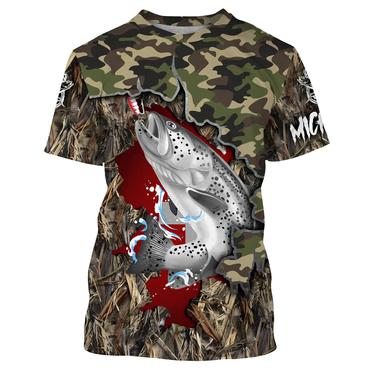 T-shirt all-over col rond pêche truite camouflage forêt et drapeau suisse rouge