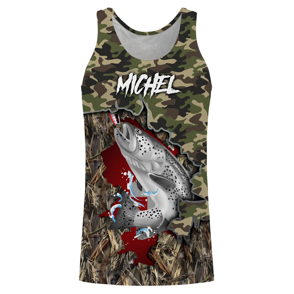 Sweat zippé all-over pêche truite camouflage drapeau suisse pour pêcheurs salmonidés