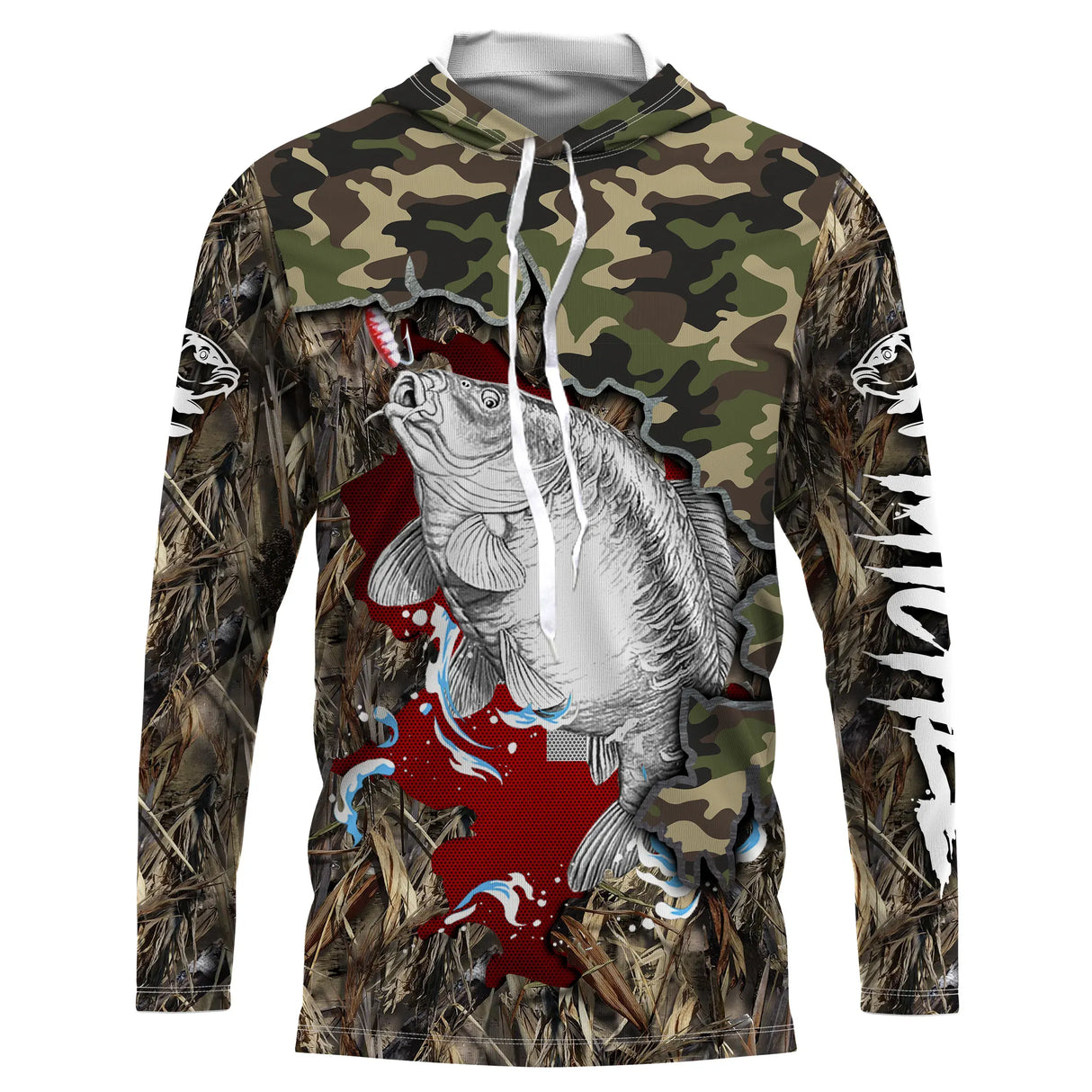 T-shirt anti-UV capuche pêche carpe camouflage forêt drapeau suisse carpe miroir en gros plan