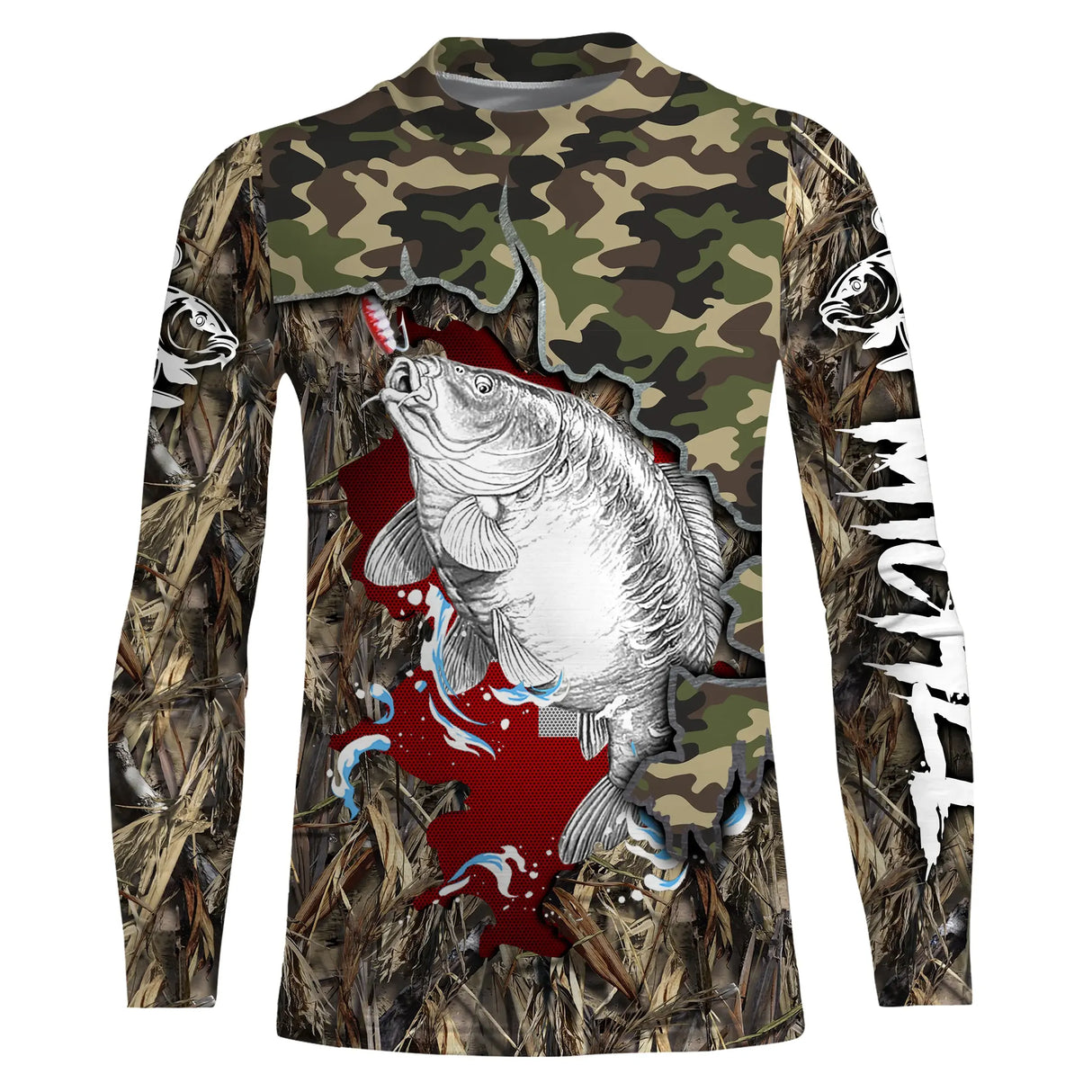 Sweat capuche all-over pêche carpe camouflage et drapeau suisse lettrage manches