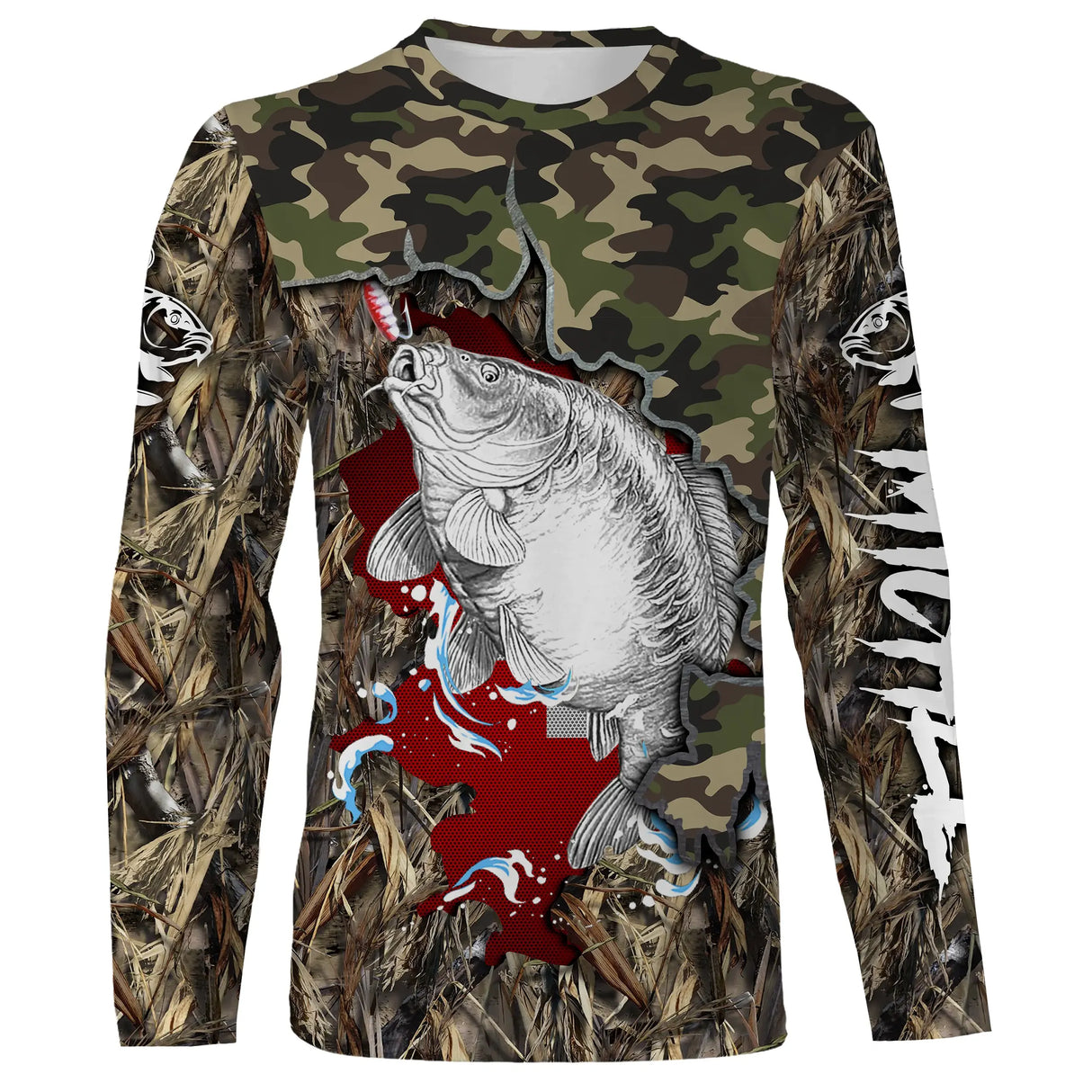 T-shirt manches longues pêche carpe camouflage Suisse motif cyprinidé en gros plan