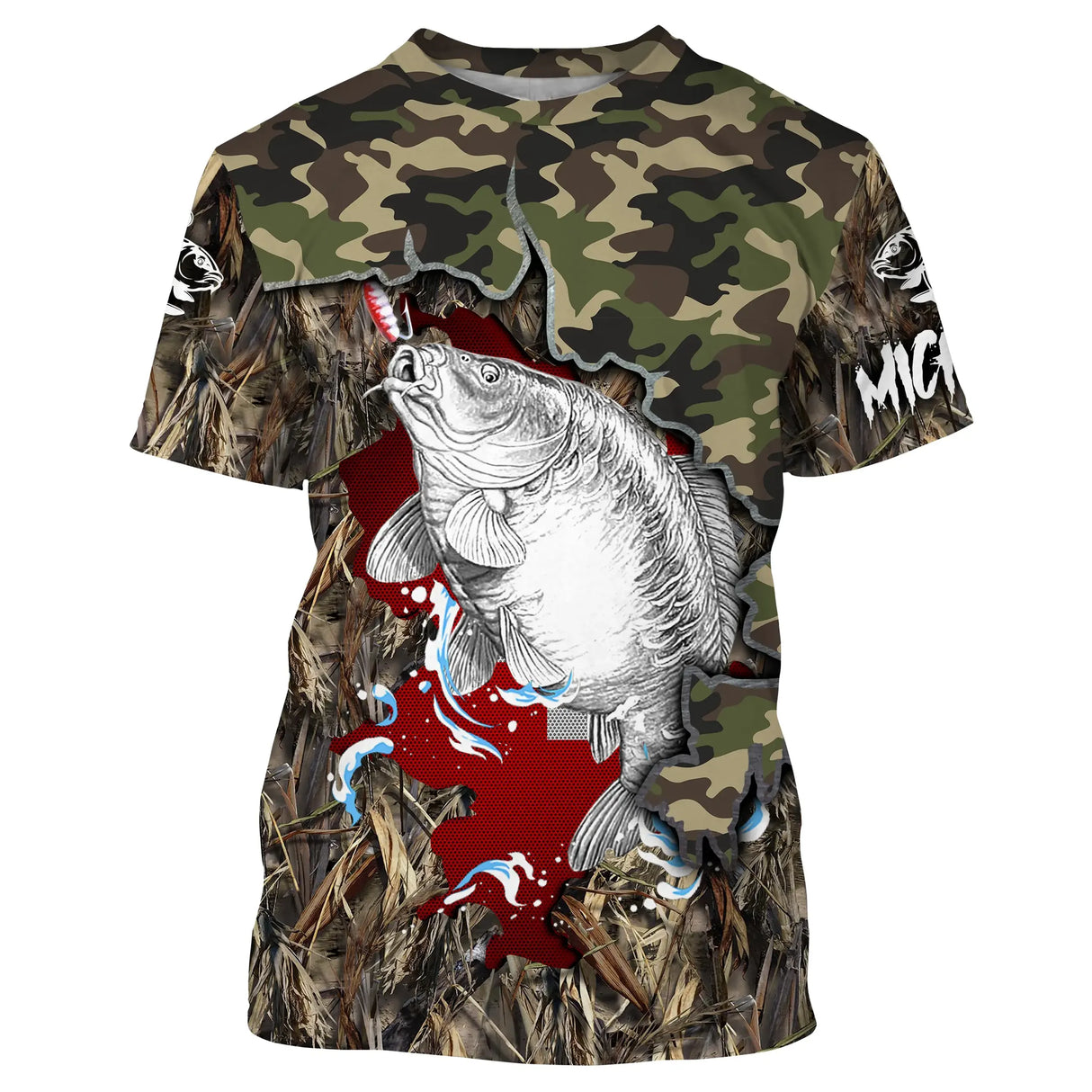 T-shirt all-over col rond pêche carpe camouflage forêt et drapeau suisse rouge
