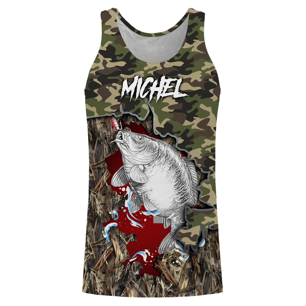 Sweat zippé all-over pêche carpe camouflage drapeau suisse pour carpistes helvétiques