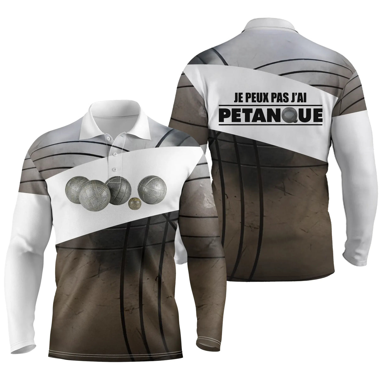 Polo pétanque manches longues unisexe blanc et marron, lettrage humour pour bouliste passionné