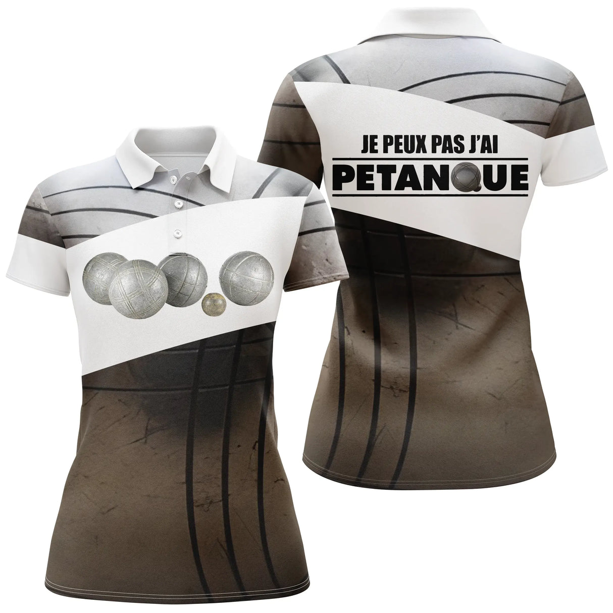 Polo pétanque homme femme manches courtes blanc marron, design bouliste humour pour club