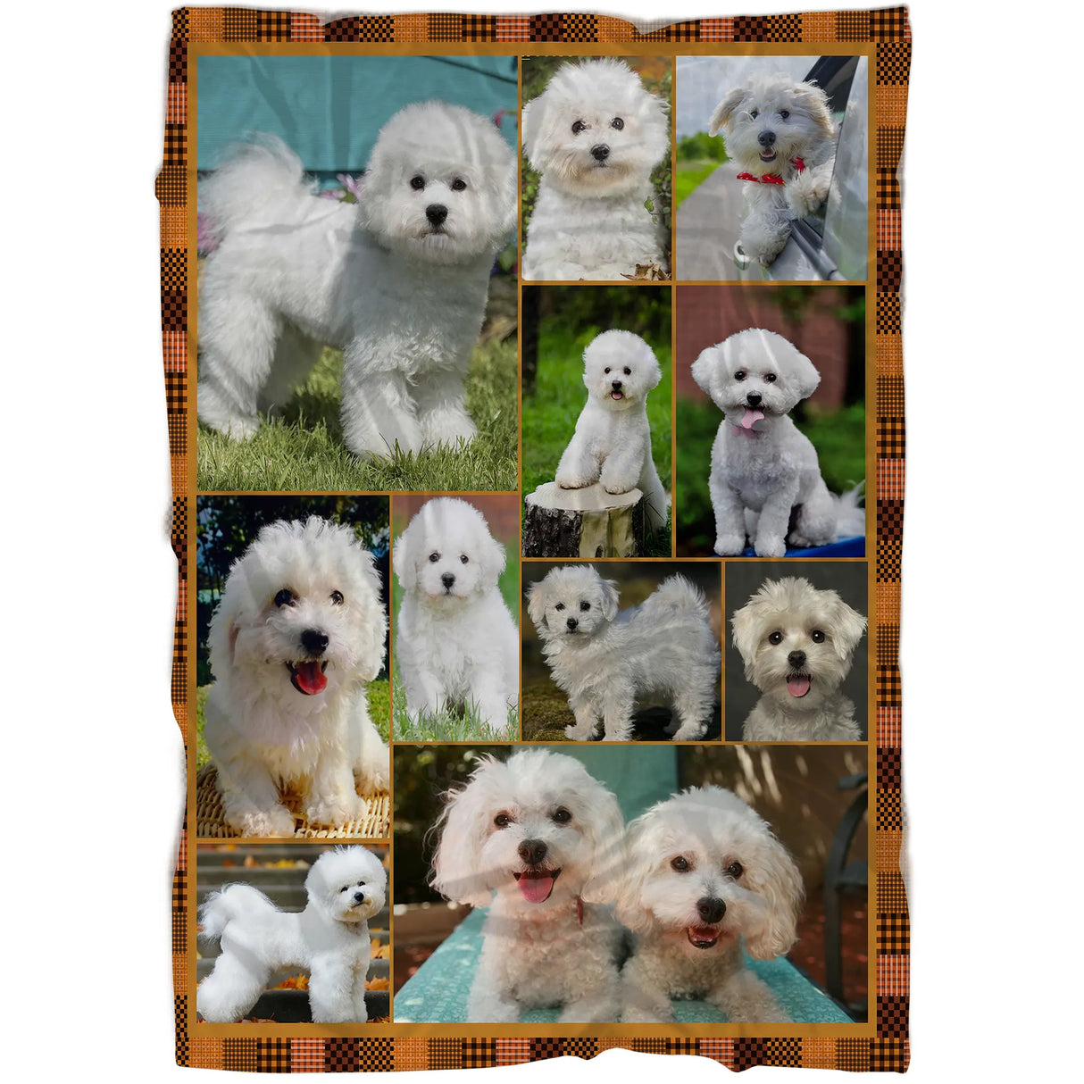 Plaid polaire bichon Tenerife vue salon, scènes de chien blanc bouclé encadrées sur tissu doux