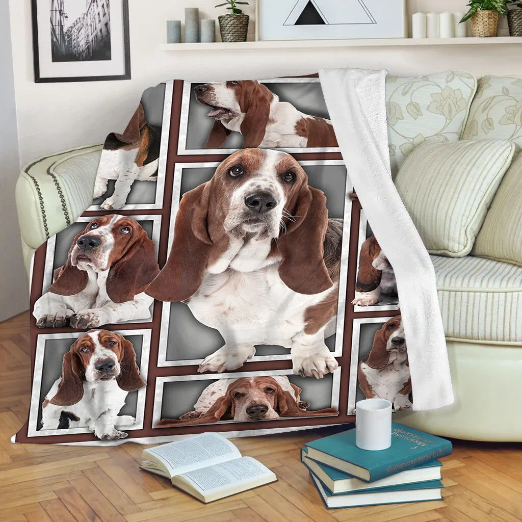 Couverture Basset Hound UK polaire avec mosaïque de portraits chien tricolore aux longues oreilles tombantes