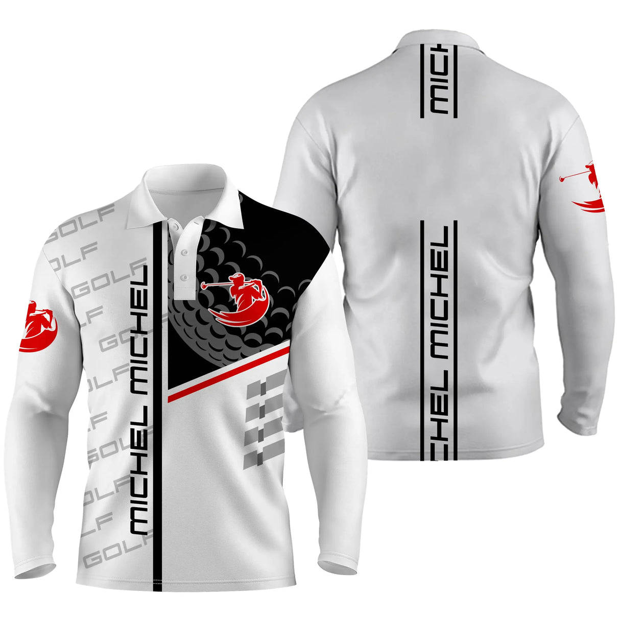 Polo golf manches longues unisexe blanc noir rouge zone latérale prénom personnalisable