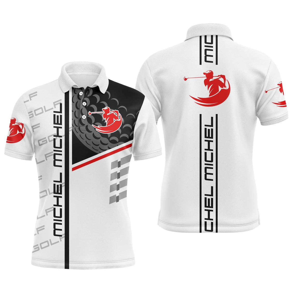 Polo golf homme blanc noir rouge zone latérale prénom MICHEL coupe ajustée vue avant