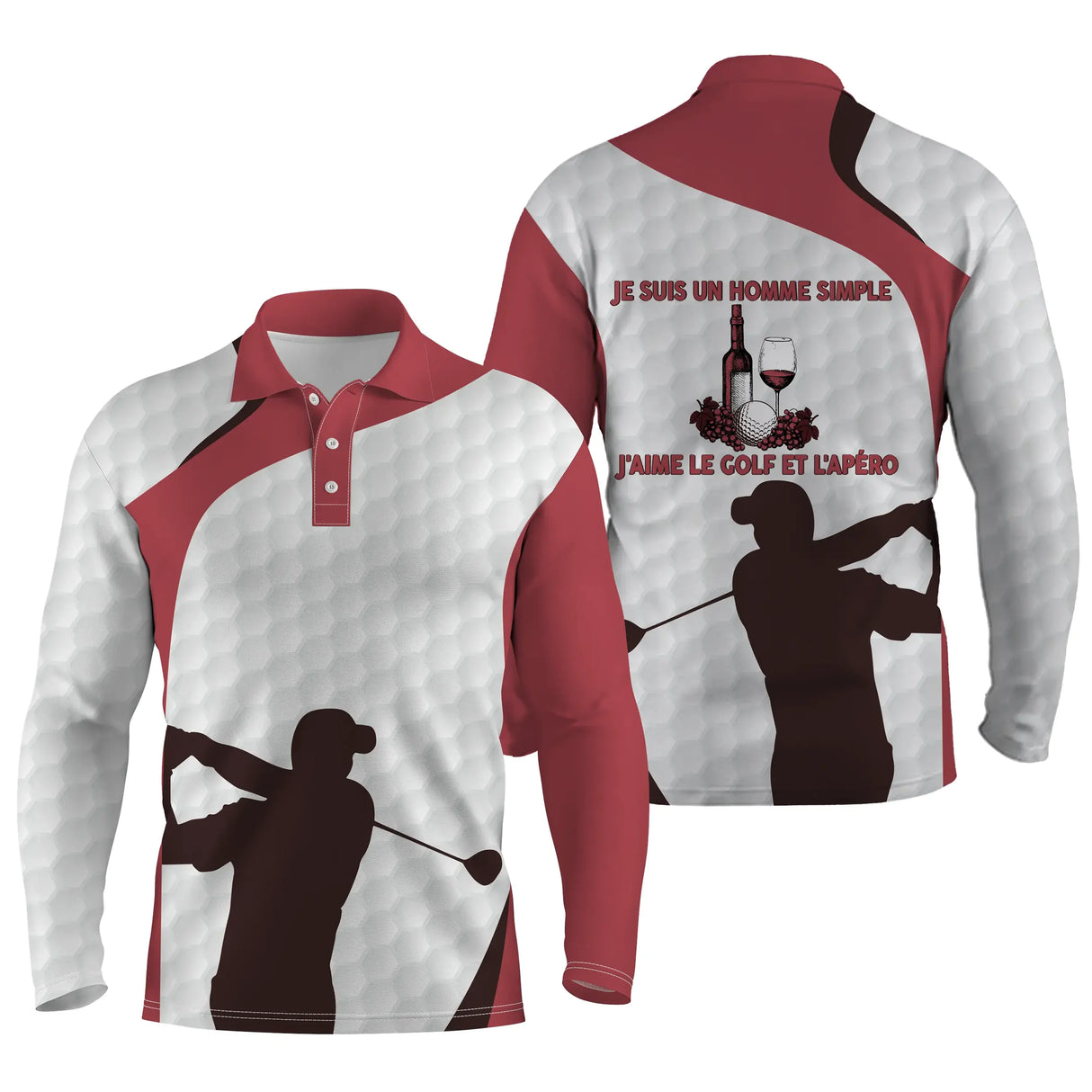 Polo golf manches longues unisexe rouge blanc silhouette golfeur slogan humoristique