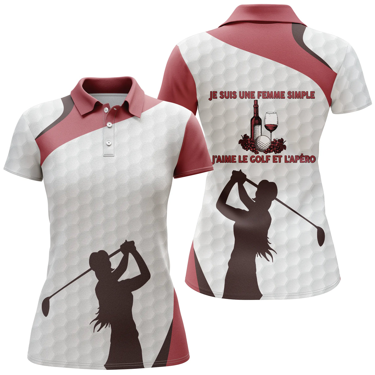 Polo golf femme blanc rouge slogan apéro silhouette golfeuse personnalisable vue dos