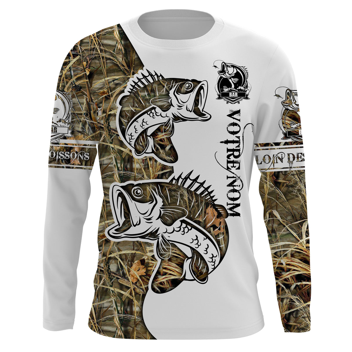 Maillot UV manches longues pêche bar humour bicolore blanc camouflage prénom personnalisé